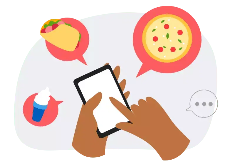 Cartoon hands ordering from a mobile device for pizza, ice cream, tacos, and more